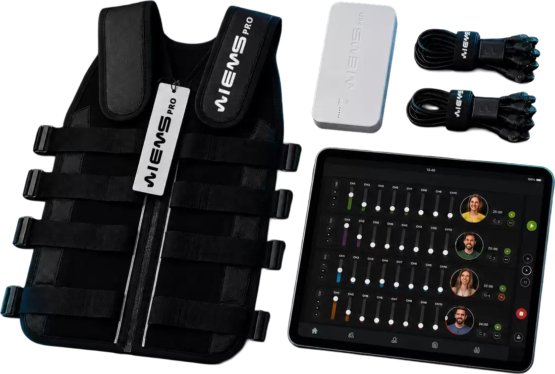 Kit WiemsPro: colete de eletroestimulação, unidade de controle, cabos e tablet com o app de sessão
